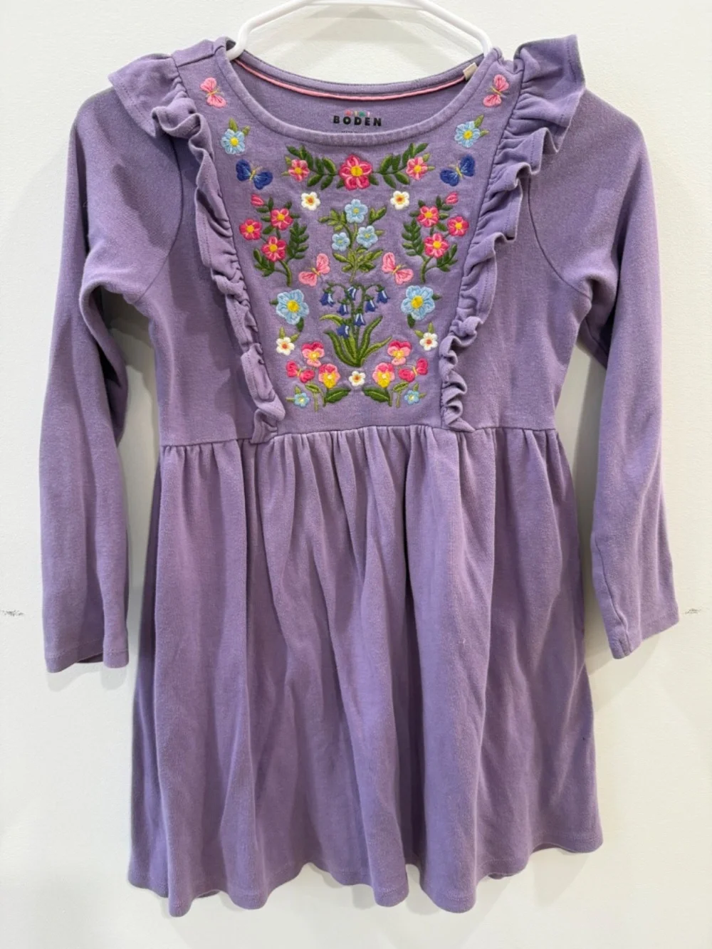 Mini Boden - Purple Floral Embroidered Bodice Dress, Size 8-9y